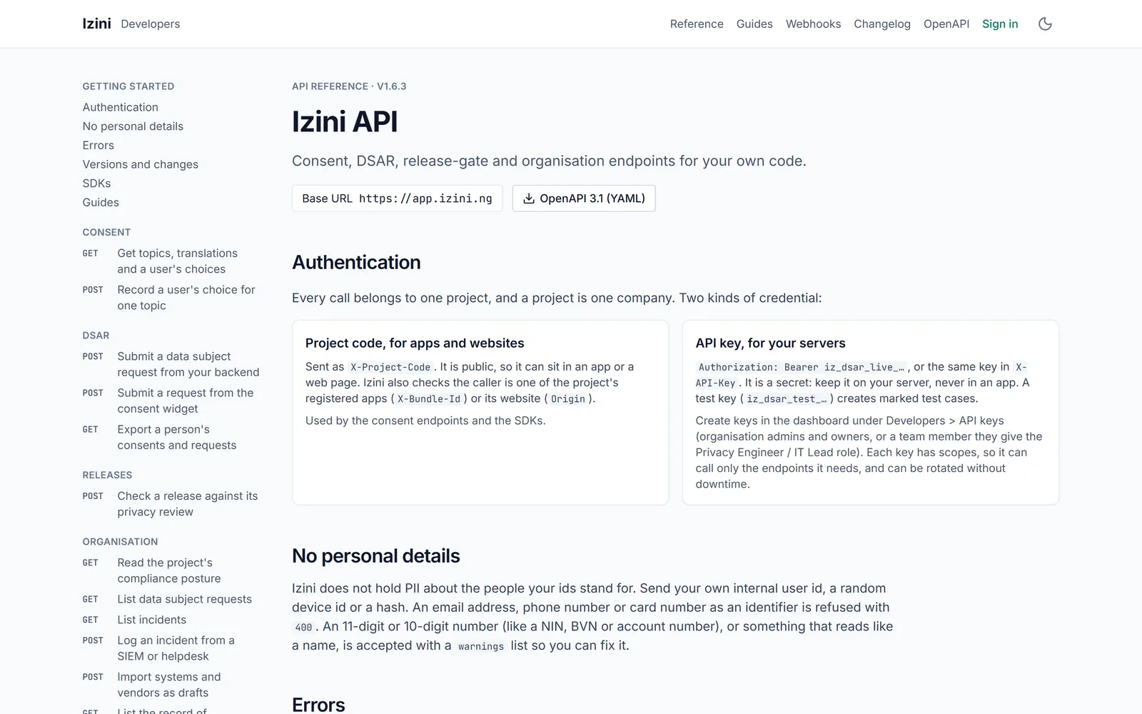 The public Izini API reference: authentication, endpoints and the no-personal-details rule.