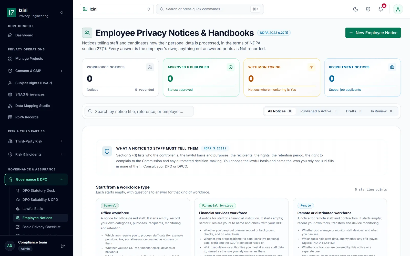 Employee privacy notices with ready-made templates for corporate offices, banks and tech teams.