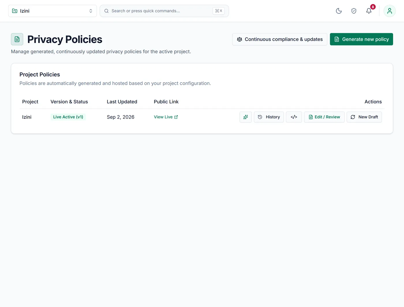 The live privacy policy with its public link and version history.