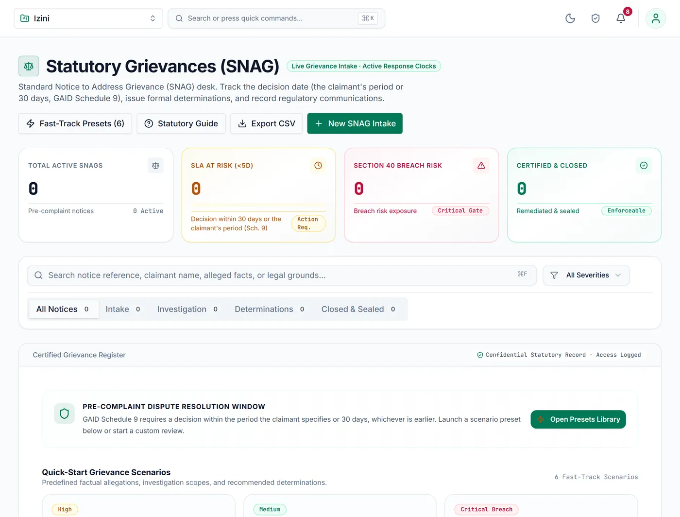 The grievance desk with intake, investigation and closed stages and ready-made complaint scenarios.