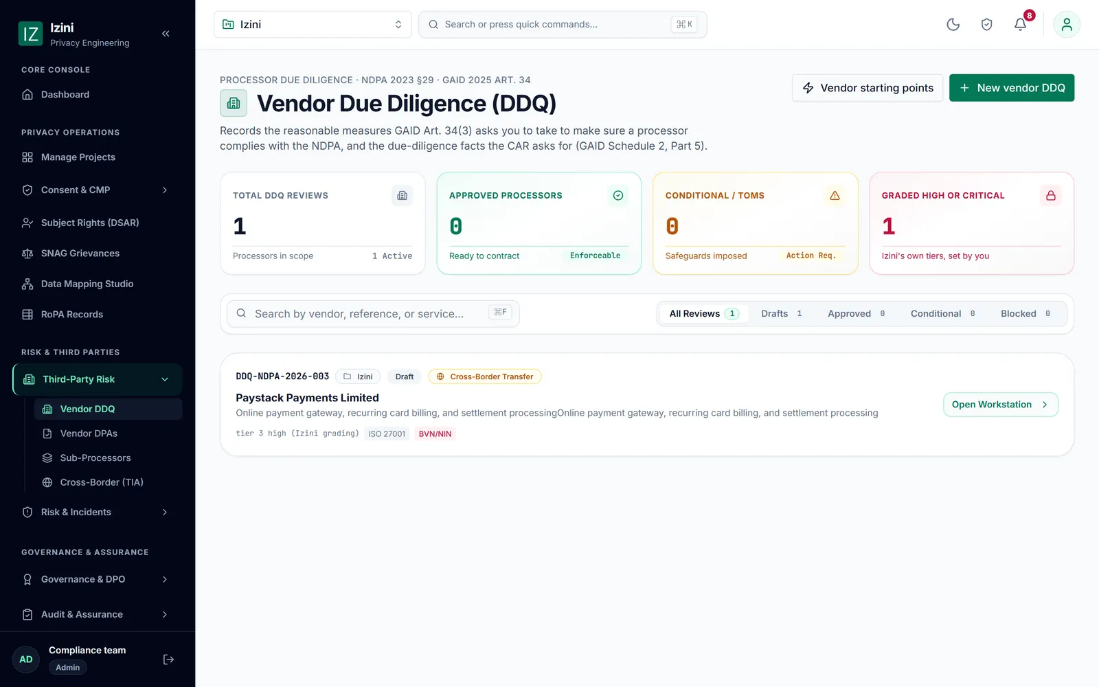 Vendor due diligence: each supplier review with its risk score, status and cross-border flag.